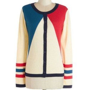 ModCloth Dear Creatures Red and Blue Colorblock Cardigan